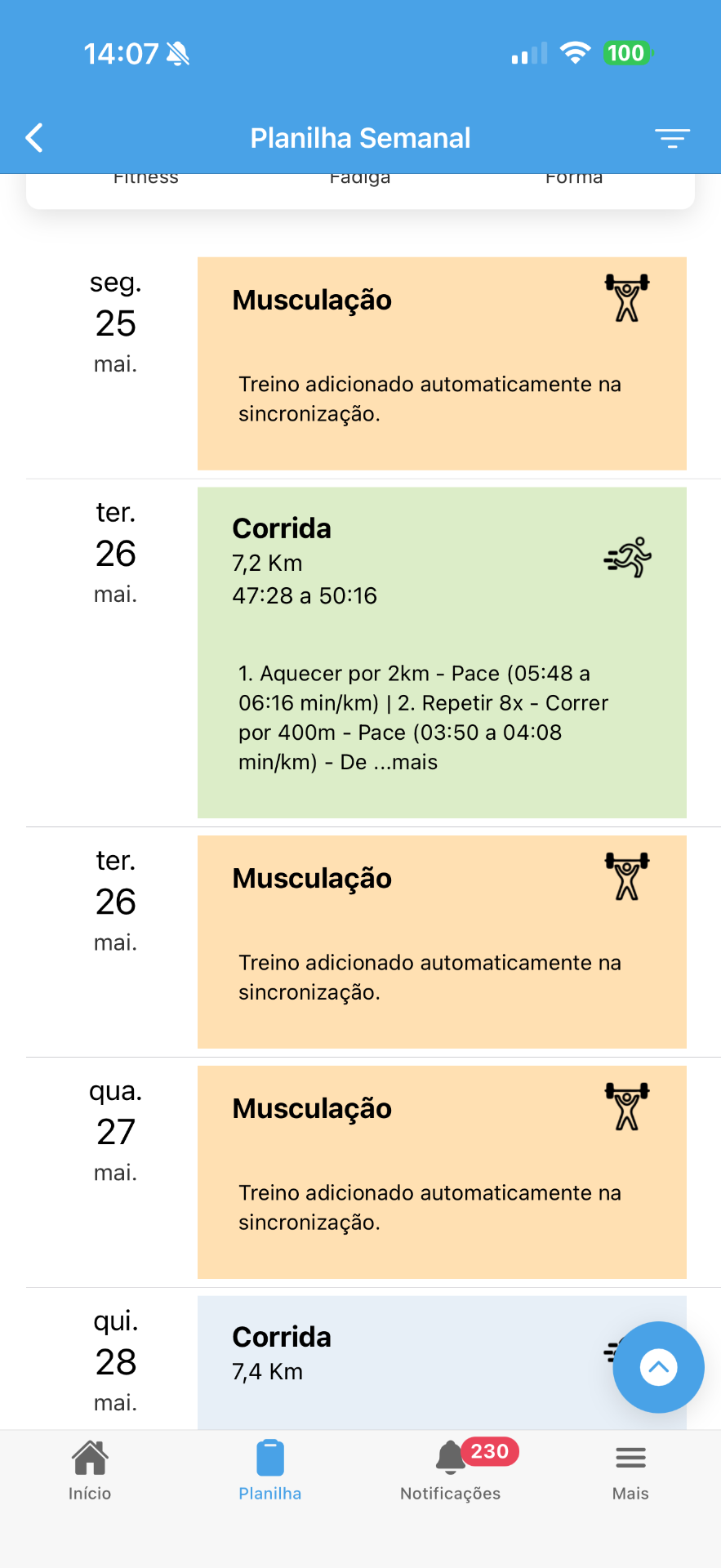 App Outdoor - Planilha semanal de treinos